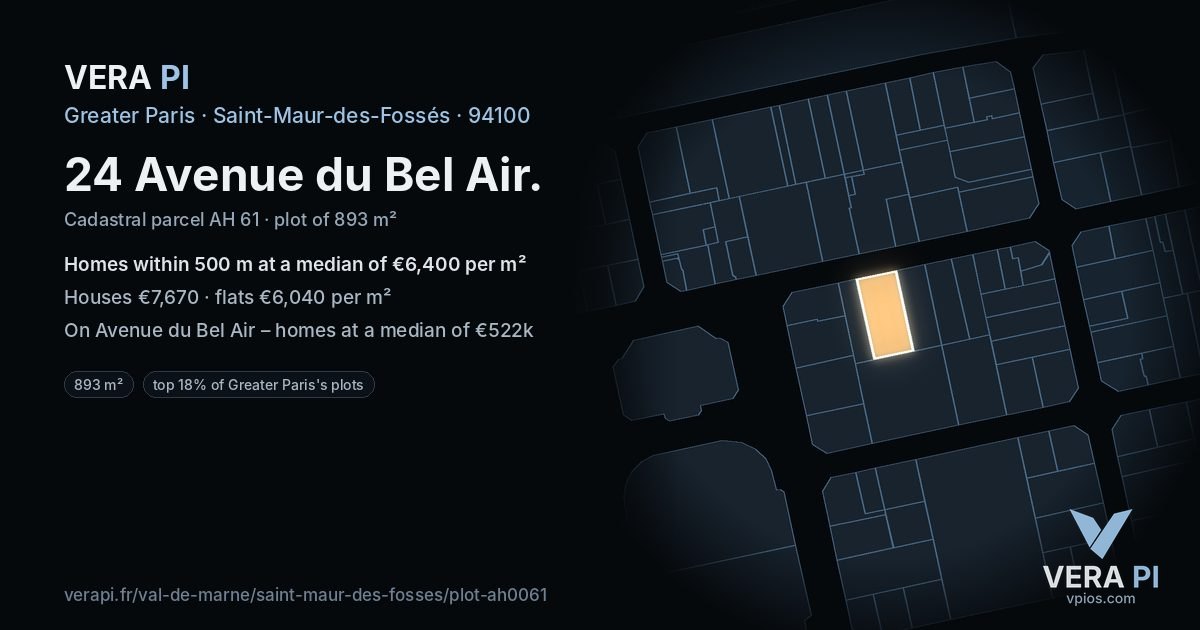 24 Avenue du Bel Air, Saint-Maur-des-Fossés at night – the plot lit, the parcels around coloured by the prices near them