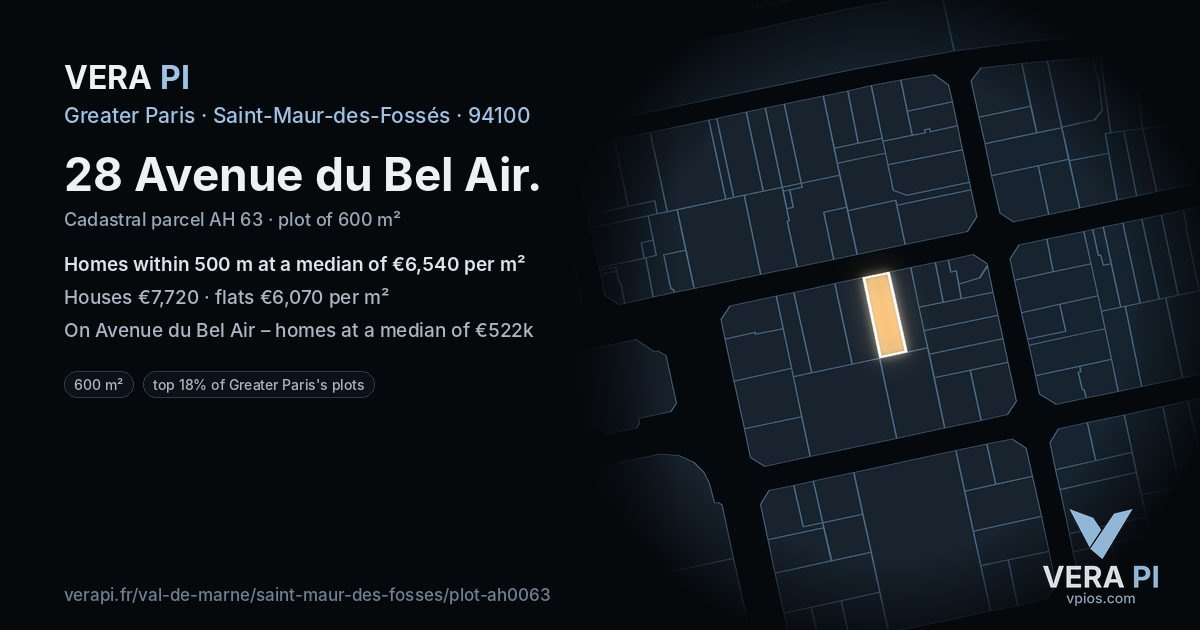 28 Avenue du Bel Air, Saint-Maur-des-Fossés at night – the plot lit, the parcels around coloured by the prices near them