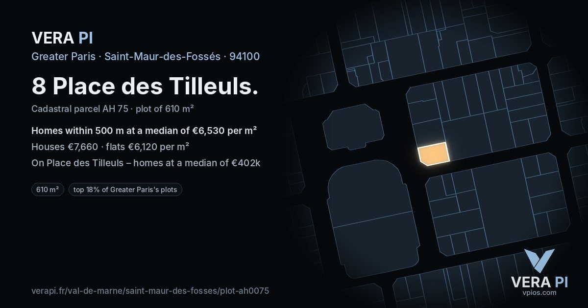 8 Place des Tilleuls, Saint-Maur-des-Fossés at night – the plot lit, the parcels around coloured by the prices near them