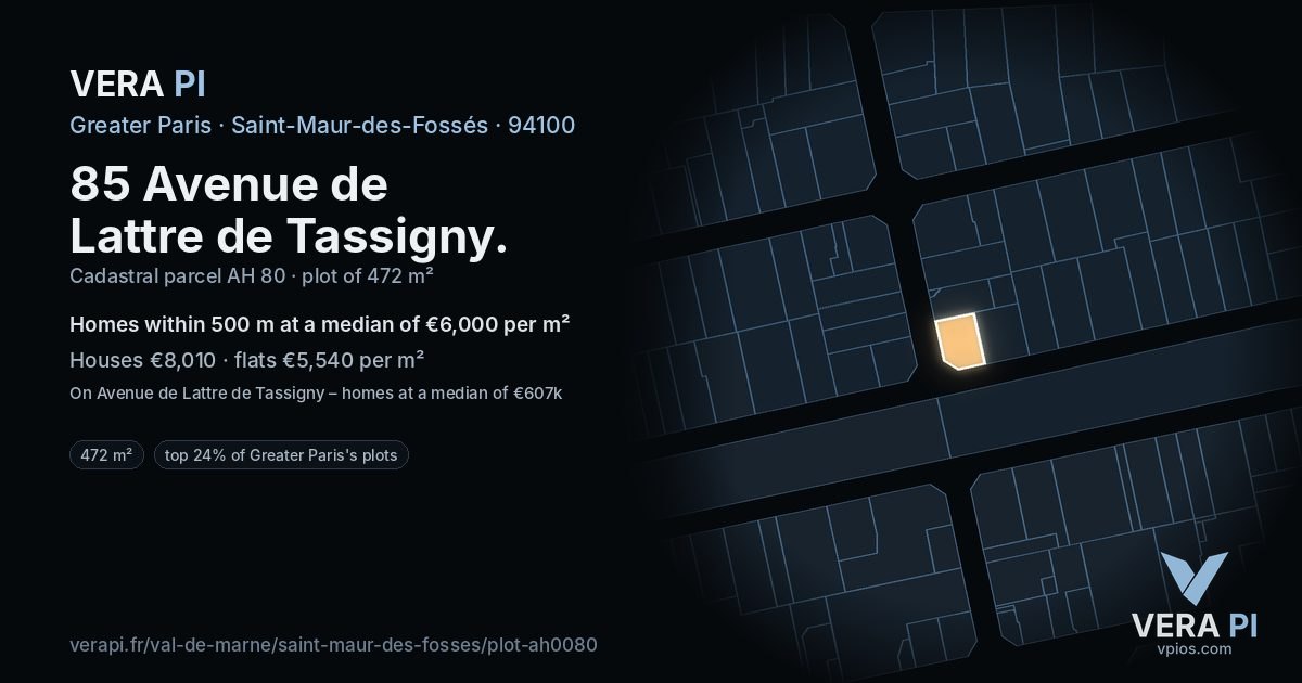 85 Avenue de Lattre de Tassigny, Saint-Maur-des-Fossés at night – the plot lit, the parcels around coloured by the prices near them