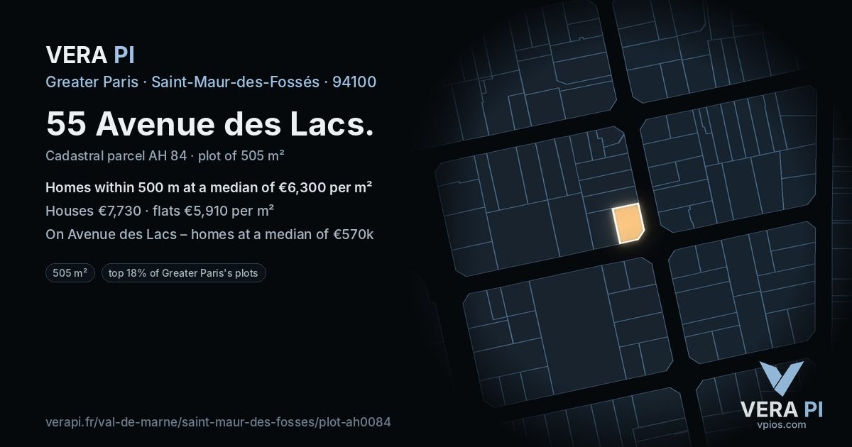 55 Avenue des Lacs, Saint-Maur-des-Fossés at night – the plot lit, the parcels around coloured by the prices near them