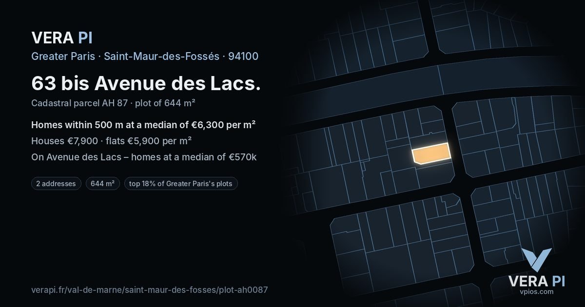 63 bis Avenue des Lacs, Saint-Maur-des-Fossés at night – the plot lit, the parcels around coloured by the prices near them