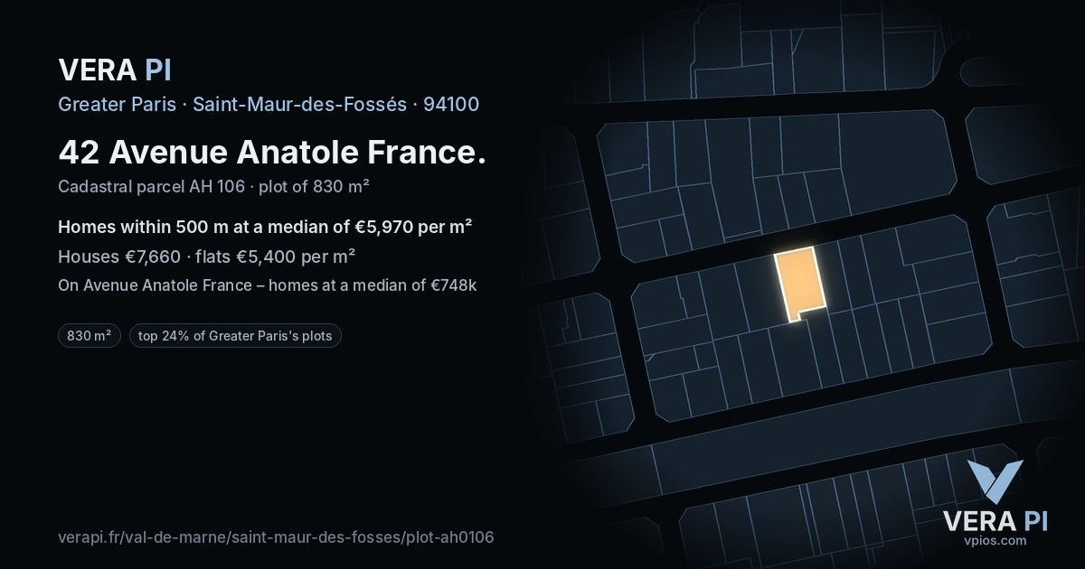 42 Avenue Anatole France, Saint-Maur-des-Fossés at night – the plot lit, the parcels around coloured by the prices near them