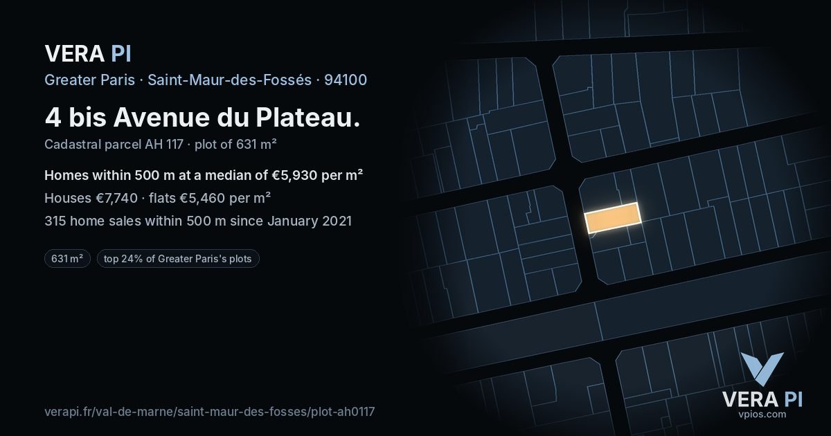 4 bis Avenue du Plateau, Saint-Maur-des-Fossés at night – the plot lit, the parcels around coloured by the prices near them