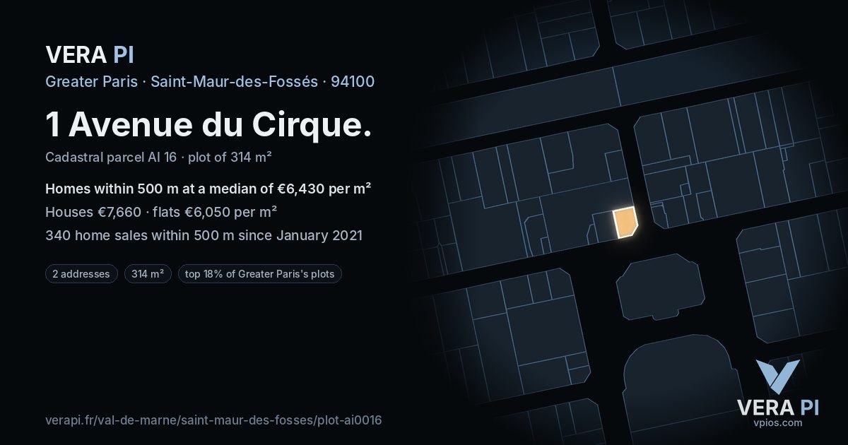 1 Avenue du Cirque, Saint-Maur-des-Fossés at night – the plot lit, the parcels around coloured by the prices near them