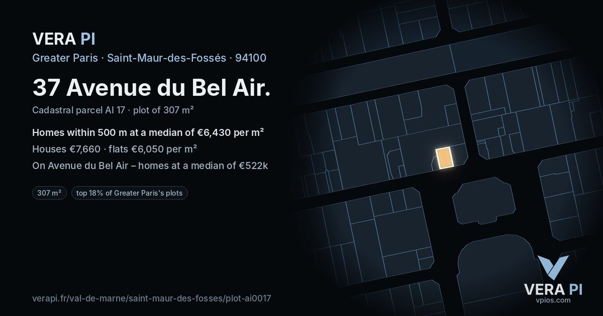 37 Avenue du Bel Air, Saint-Maur-des-Fossés at night – the plot lit, the parcels around coloured by the prices near them