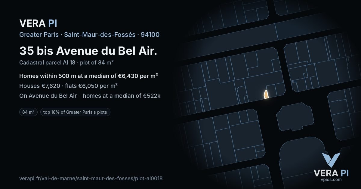 35 bis Avenue du Bel Air, Saint-Maur-des-Fossés at night – the plot lit, the parcels around coloured by the prices near them