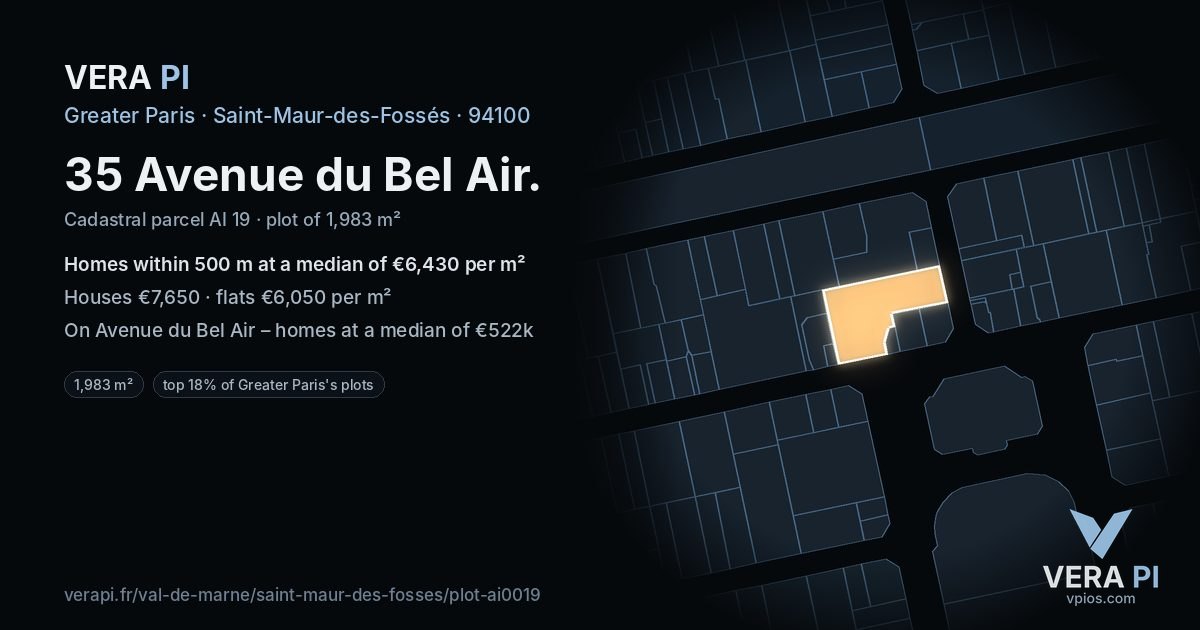 35 Avenue du Bel Air, Saint-Maur-des-Fossés at night – the plot lit, the parcels around coloured by the prices near them