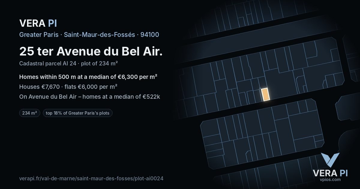 25 ter Avenue du Bel Air, Saint-Maur-des-Fossés at night – the plot lit, the parcels around coloured by the prices near them