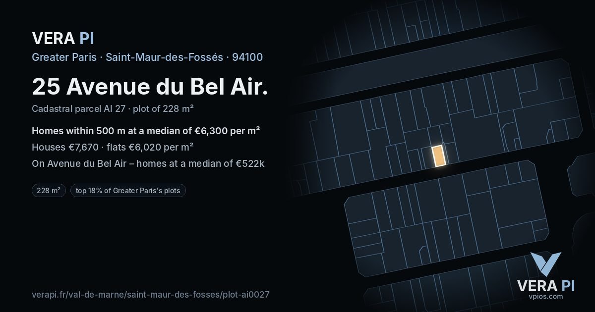 25 Avenue du Bel Air, Saint-Maur-des-Fossés at night – the plot lit, the parcels around coloured by the prices near them