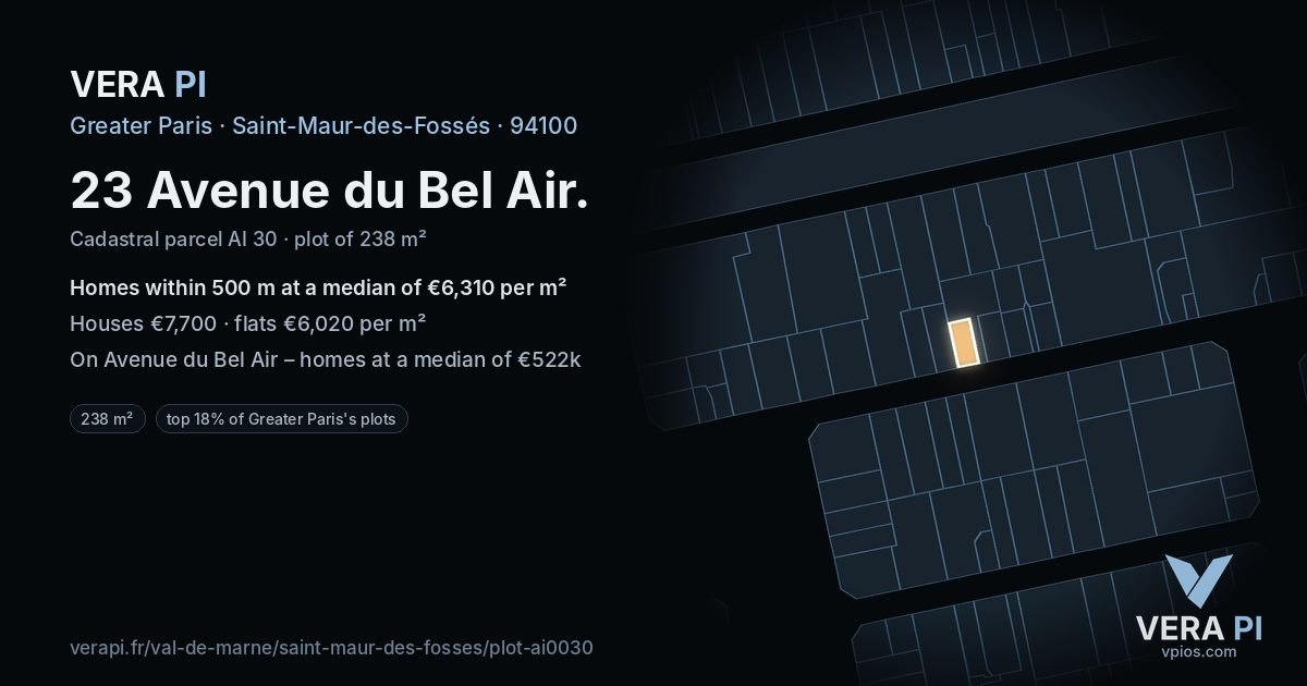23 Avenue du Bel Air, Saint-Maur-des-Fossés at night – the plot lit, the parcels around coloured by the prices near them