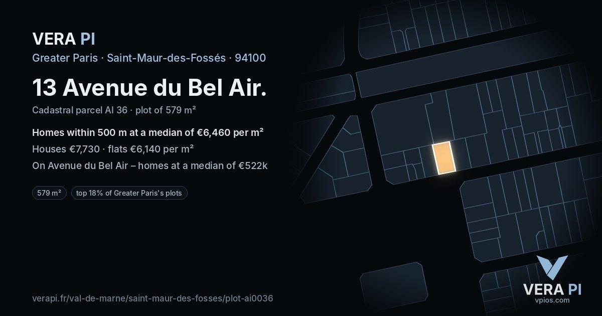 13 Avenue du Bel Air, Saint-Maur-des-Fossés at night – the plot lit, the parcels around coloured by the prices near them