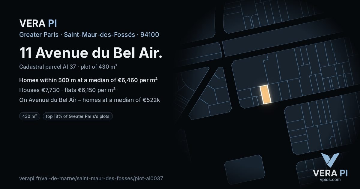 11 Avenue du Bel Air, Saint-Maur-des-Fossés at night – the plot lit, the parcels around coloured by the prices near them