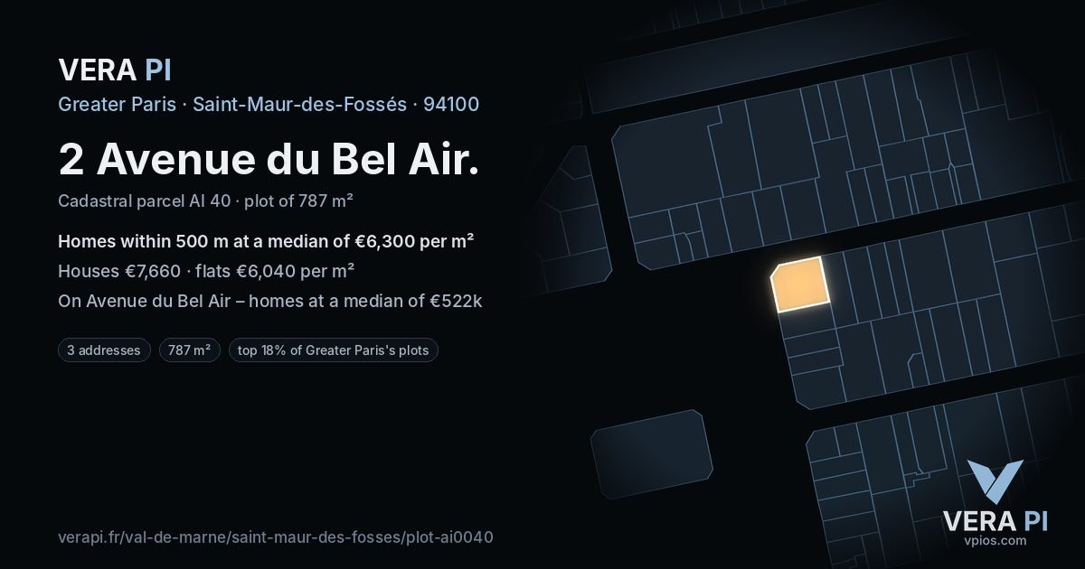 2 Avenue du Bel Air, Saint-Maur-des-Fossés at night – the plot lit, the parcels around coloured by the prices near them