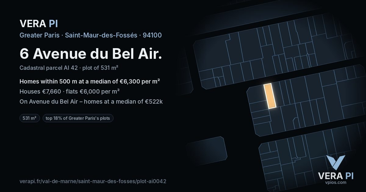 6 Avenue du Bel Air, Saint-Maur-des-Fossés at night – the plot lit, the parcels around coloured by the prices near them