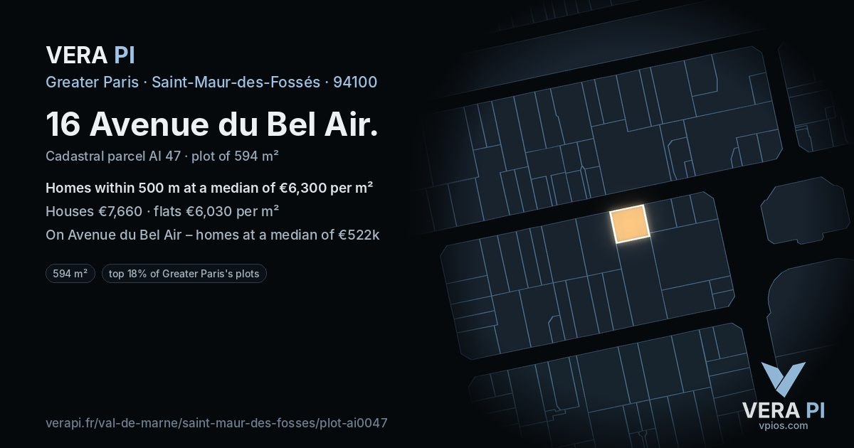 16 Avenue du Bel Air, Saint-Maur-des-Fossés at night – the plot lit, the parcels around coloured by the prices near them
