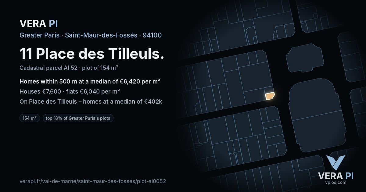 11 Place des Tilleuls, Saint-Maur-des-Fossés at night – the plot lit, the parcels around coloured by the prices near them