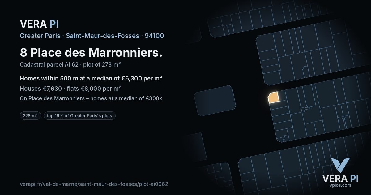 8 Place des Marronniers, Saint-Maur-des-Fossés at night – the plot lit, the parcels around coloured by the prices near them