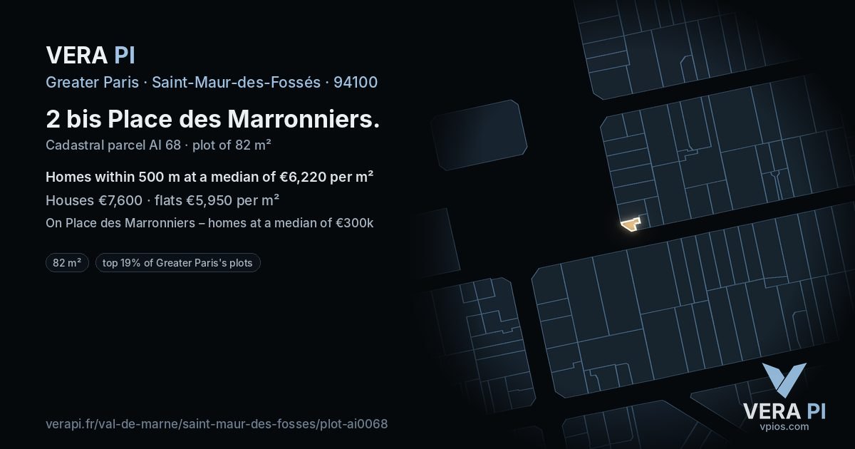 2 bis Place des Marronniers, Saint-Maur-des-Fossés at night – the plot lit, the parcels around coloured by the prices near them