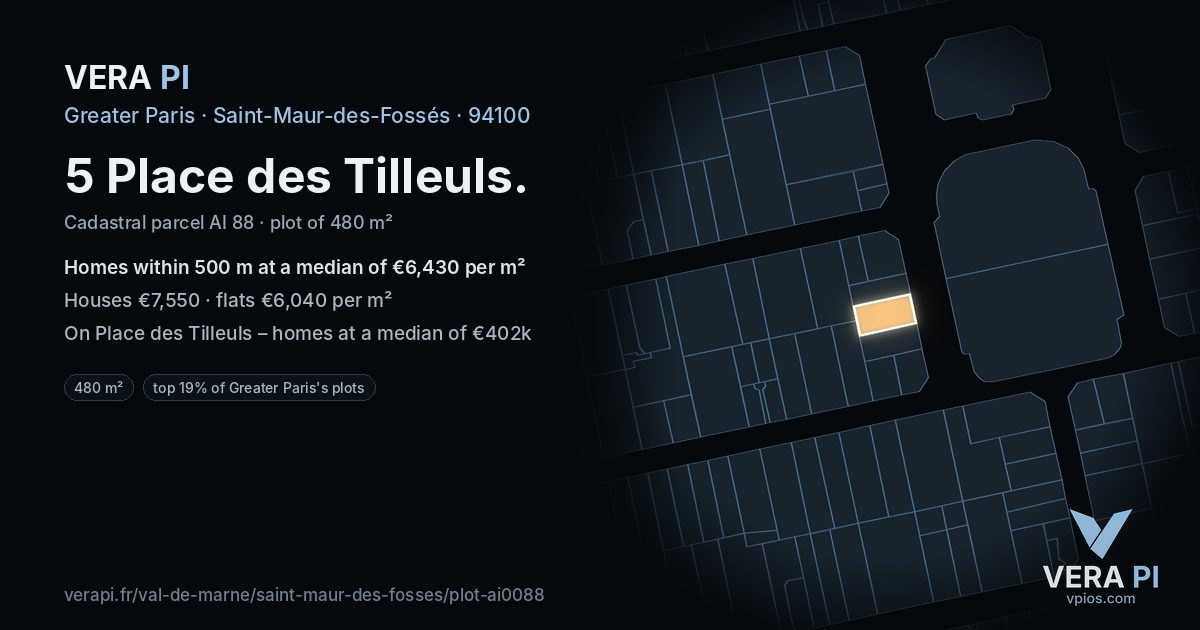 5 Place des Tilleuls, Saint-Maur-des-Fossés at night – the plot lit, the parcels around coloured by the prices near them