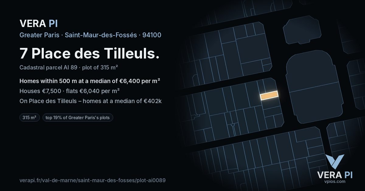 7 Place des Tilleuls, Saint-Maur-des-Fossés at night – the plot lit, the parcels around coloured by the prices near them