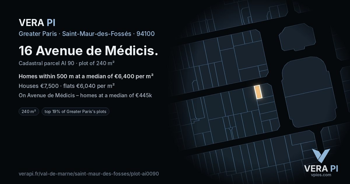 16 Avenue de Médicis, Saint-Maur-des-Fossés at night – the plot lit, the parcels around coloured by the prices near them