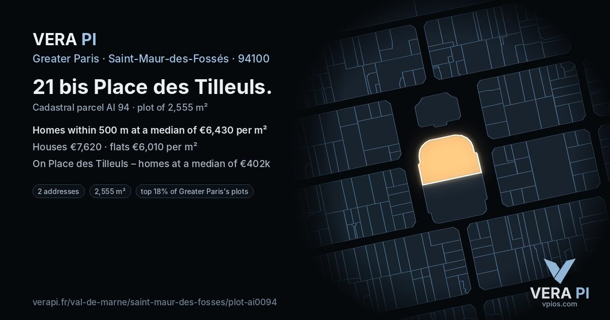 21 bis Place des Tilleuls, Saint-Maur-des-Fossés at night – the plot lit, the parcels around coloured by the prices near them