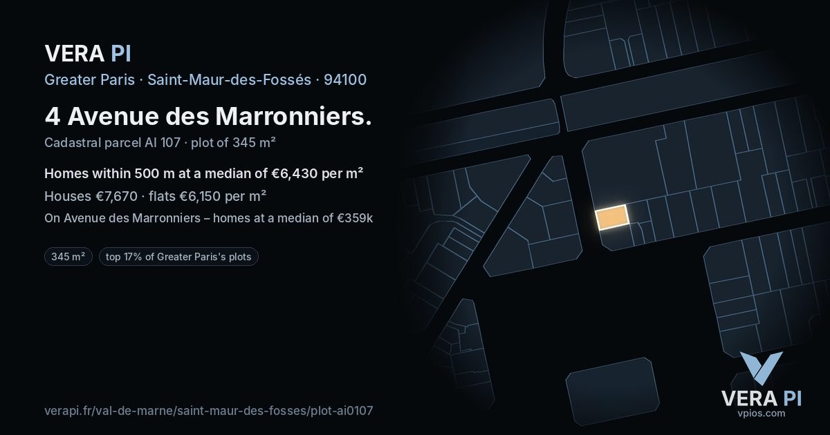 4 Avenue des Marronniers, Saint-Maur-des-Fossés at night – the plot lit, the parcels around coloured by the prices near them