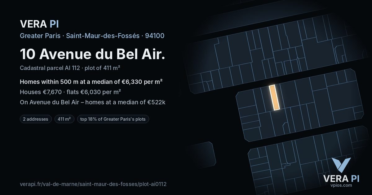 10 Avenue du Bel Air, Saint-Maur-des-Fossés at night – the plot lit, the parcels around coloured by the prices near them