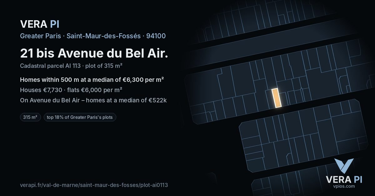 21 bis Avenue du Bel Air, Saint-Maur-des-Fossés at night – the plot lit, the parcels around coloured by the prices near them