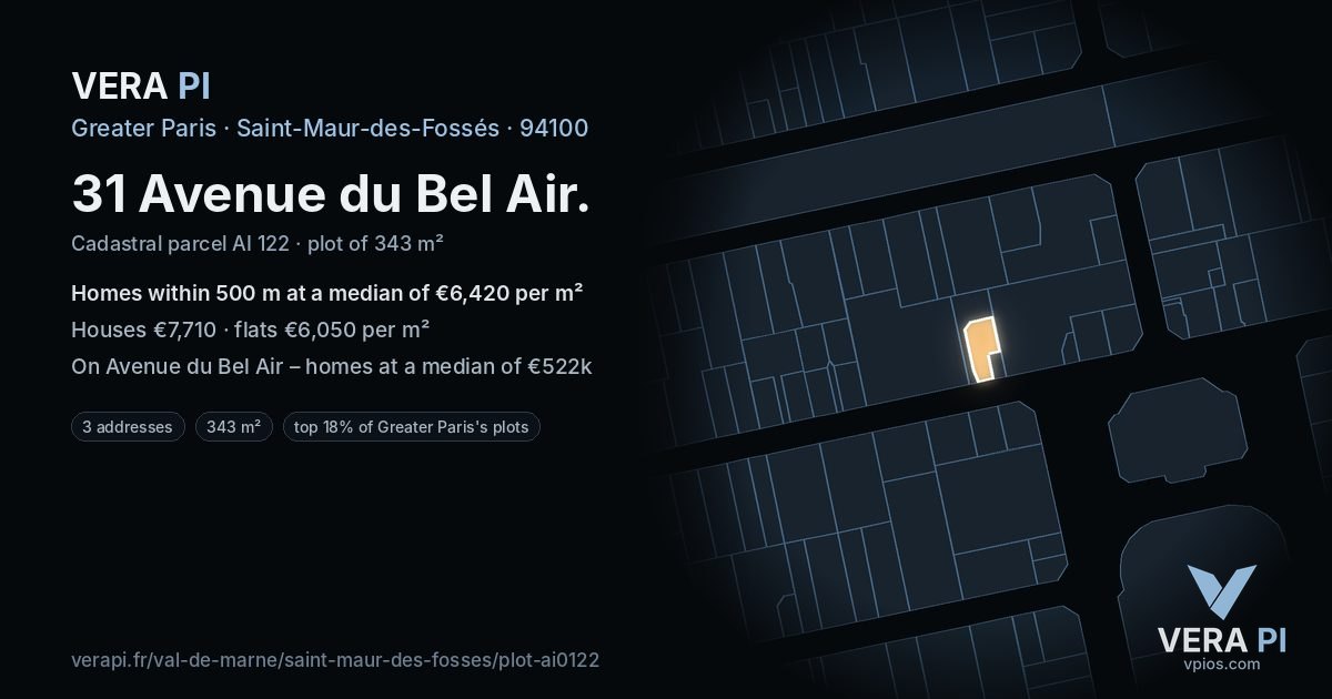 31 Avenue du Bel Air, Saint-Maur-des-Fossés at night – the plot lit, the parcels around coloured by the prices near them