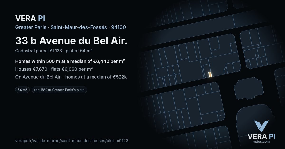 33 b Avenue du Bel Air, Saint-Maur-des-Fossés at night – the plot lit, the parcels around coloured by the prices near them