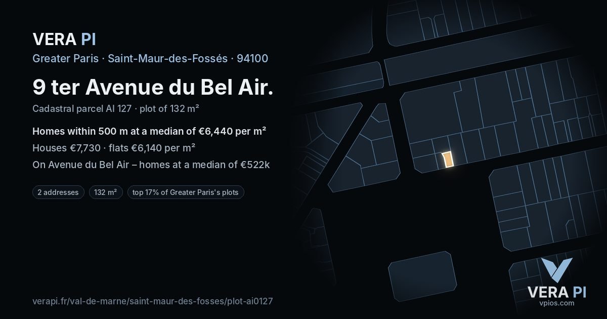 9 ter Avenue du Bel Air, Saint-Maur-des-Fossés at night – the plot lit, the parcels around coloured by the prices near them