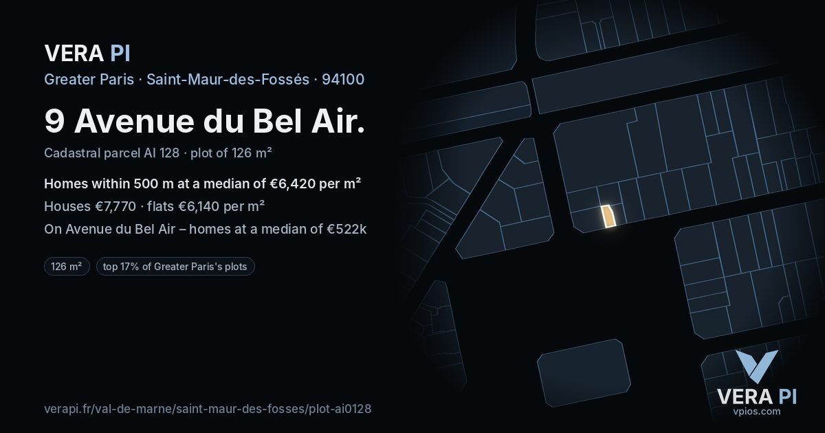 9 Avenue du Bel Air, Saint-Maur-des-Fossés at night – the plot lit, the parcels around coloured by the prices near them