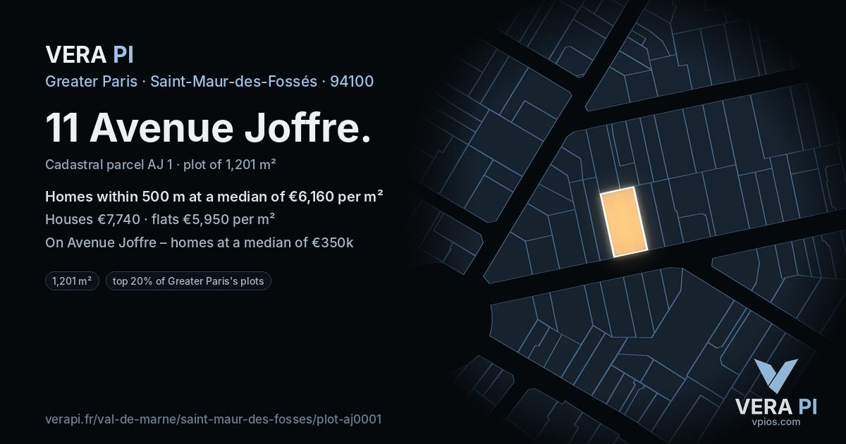 11 Avenue Joffre, Saint-Maur-des-Fossés at night – the plot lit, the parcels around coloured by the prices near them