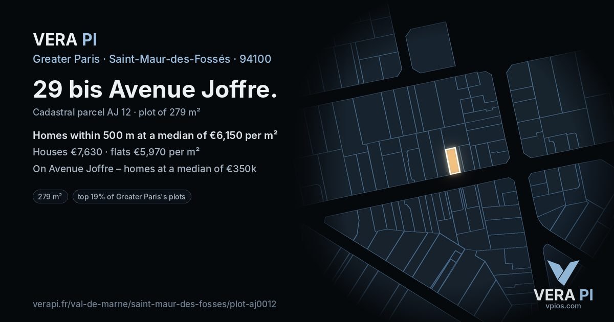 29 bis Avenue Joffre, Saint-Maur-des-Fossés at night – the plot lit, the parcels around coloured by the prices near them