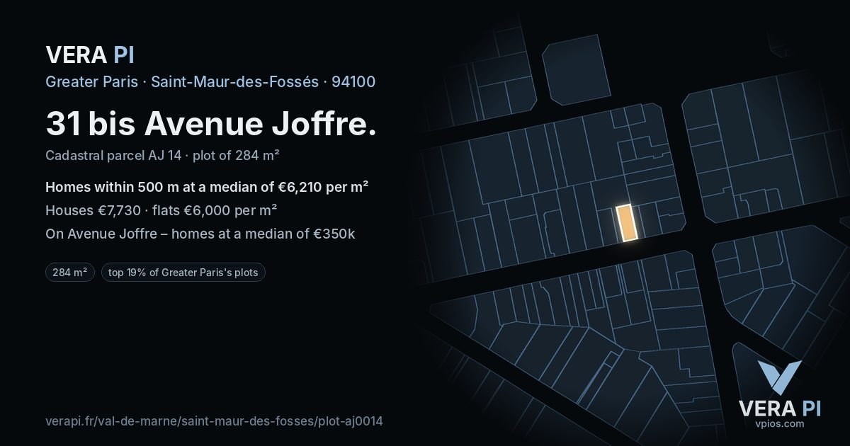 31 bis Avenue Joffre, Saint-Maur-des-Fossés at night – the plot lit, the parcels around coloured by the prices near them