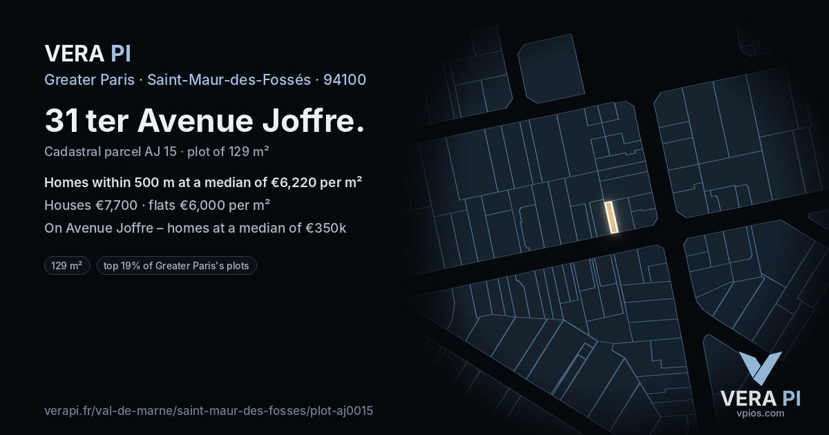 31 ter Avenue Joffre, Saint-Maur-des-Fossés at night – the plot lit, the parcels around coloured by the prices near them