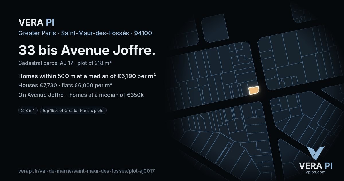 33 bis Avenue Joffre, Saint-Maur-des-Fossés at night – the plot lit, the parcels around coloured by the prices near them