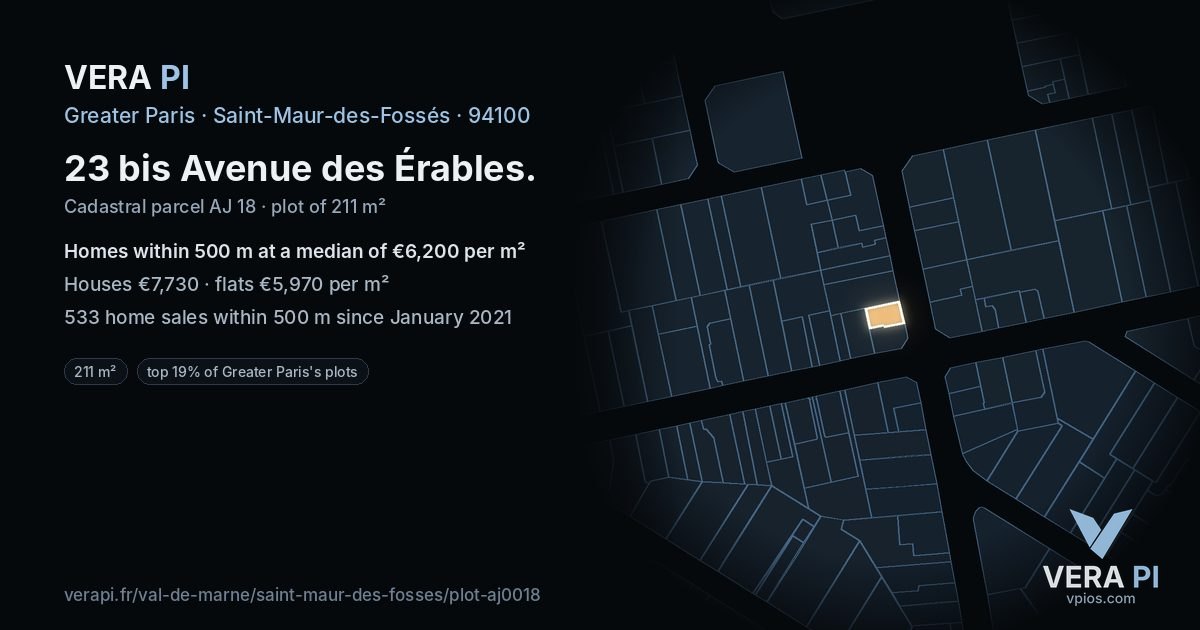 23 bis Avenue des Érables, Saint-Maur-des-Fossés at night – the plot lit, the parcels around coloured by the prices near them