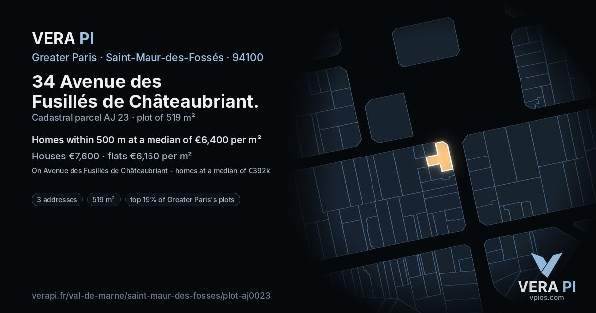 34 Avenue des Fusillés de Châteaubriant, Saint-Maur-des-Fossés at night – the plot lit, the parcels around coloured by the prices near them