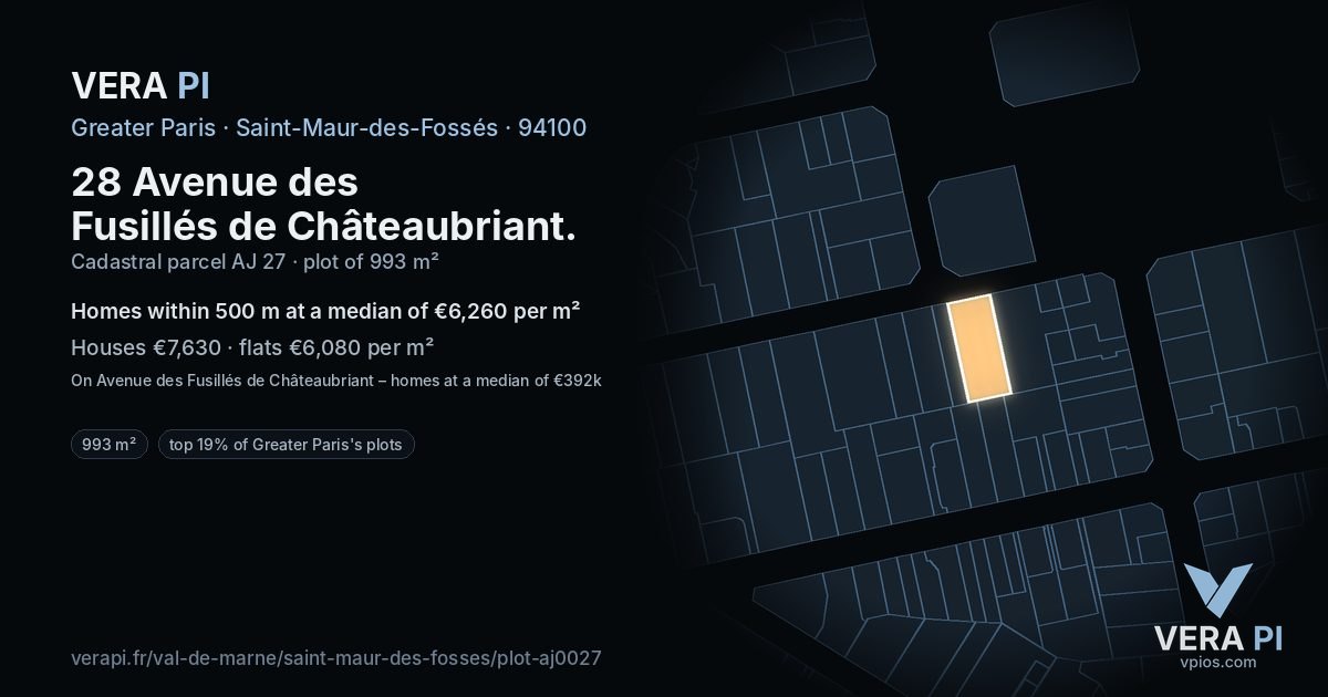 28 Avenue des Fusillés de Châteaubriant, Saint-Maur-des-Fossés at night – the plot lit, the parcels around coloured by the prices near them