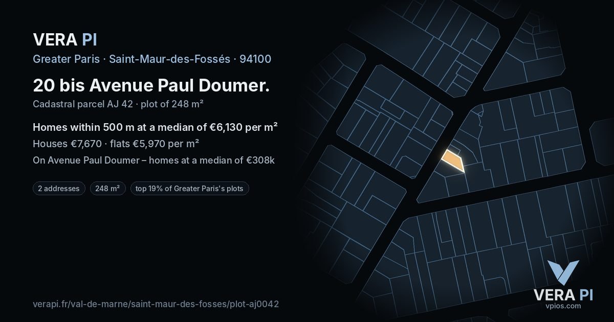 20 bis Avenue Paul Doumer, Saint-Maur-des-Fossés at night – the plot lit, the parcels around coloured by the prices near them