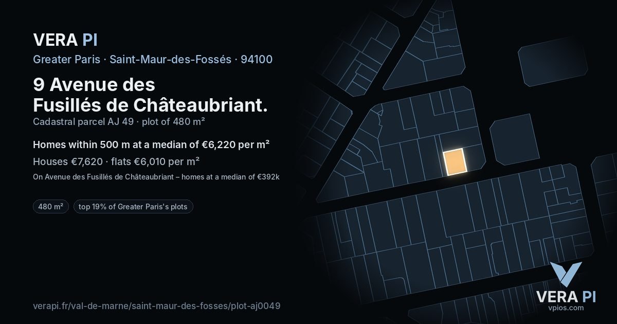 9 Avenue des Fusillés de Châteaubriant, Saint-Maur-des-Fossés at night – the plot lit, the parcels around coloured by the prices near them