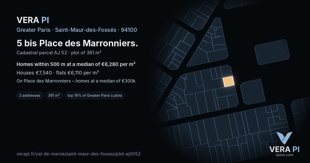 5 bis Place des Marronniers, Saint-Maur-des-Fossés at night – the plot lit, the parcels around coloured by the prices near them