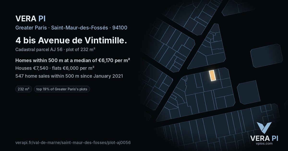 4 bis Avenue de Vintimille, Saint-Maur-des-Fossés at night – the plot lit, the parcels around coloured by the prices near them