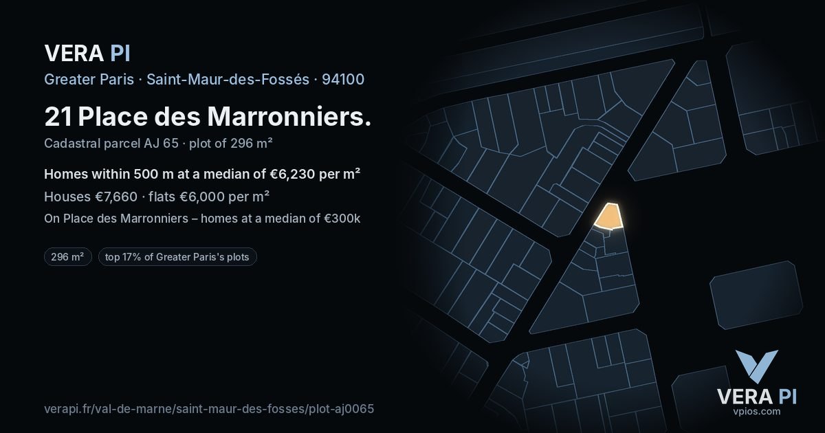 21 Place des Marronniers, Saint-Maur-des-Fossés at night – the plot lit, the parcels around coloured by the prices near them