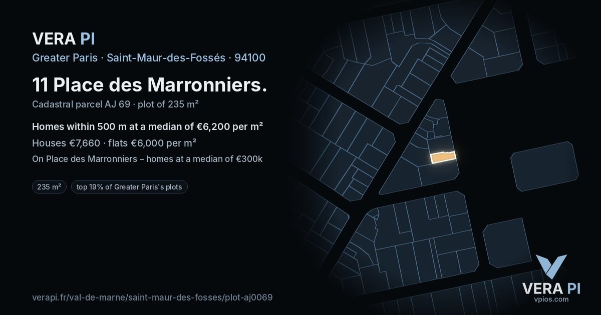 11 Place des Marronniers, Saint-Maur-des-Fossés at night – the plot lit, the parcels around coloured by the prices near them