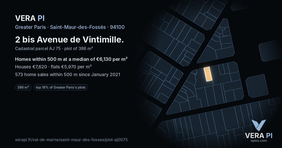 2 bis Avenue de Vintimille, Saint-Maur-des-Fossés at night – the plot lit, the parcels around coloured by the prices near them