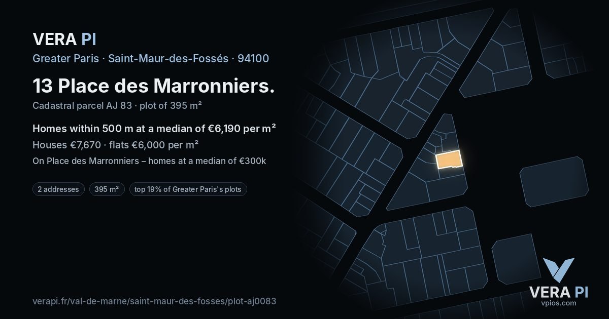 13 Place des Marronniers, Saint-Maur-des-Fossés at night – the plot lit, the parcels around coloured by the prices near them
